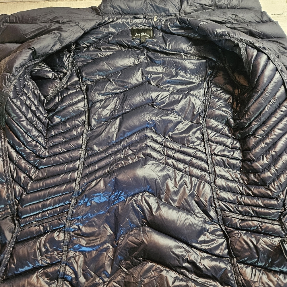 Sam Edleman Asymmetrical Chevron Quilted Down Coat Women's L Navy & Faux Leather - Picture 12 of 15